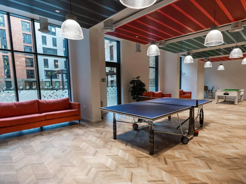 Ping pong table couches and pool table recreation area at Steelworks in Sheffield Student Accommodation