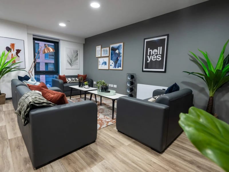 Modern living room with grey sofas artwork living room at Steelworks in Sheffield Student Accommodation