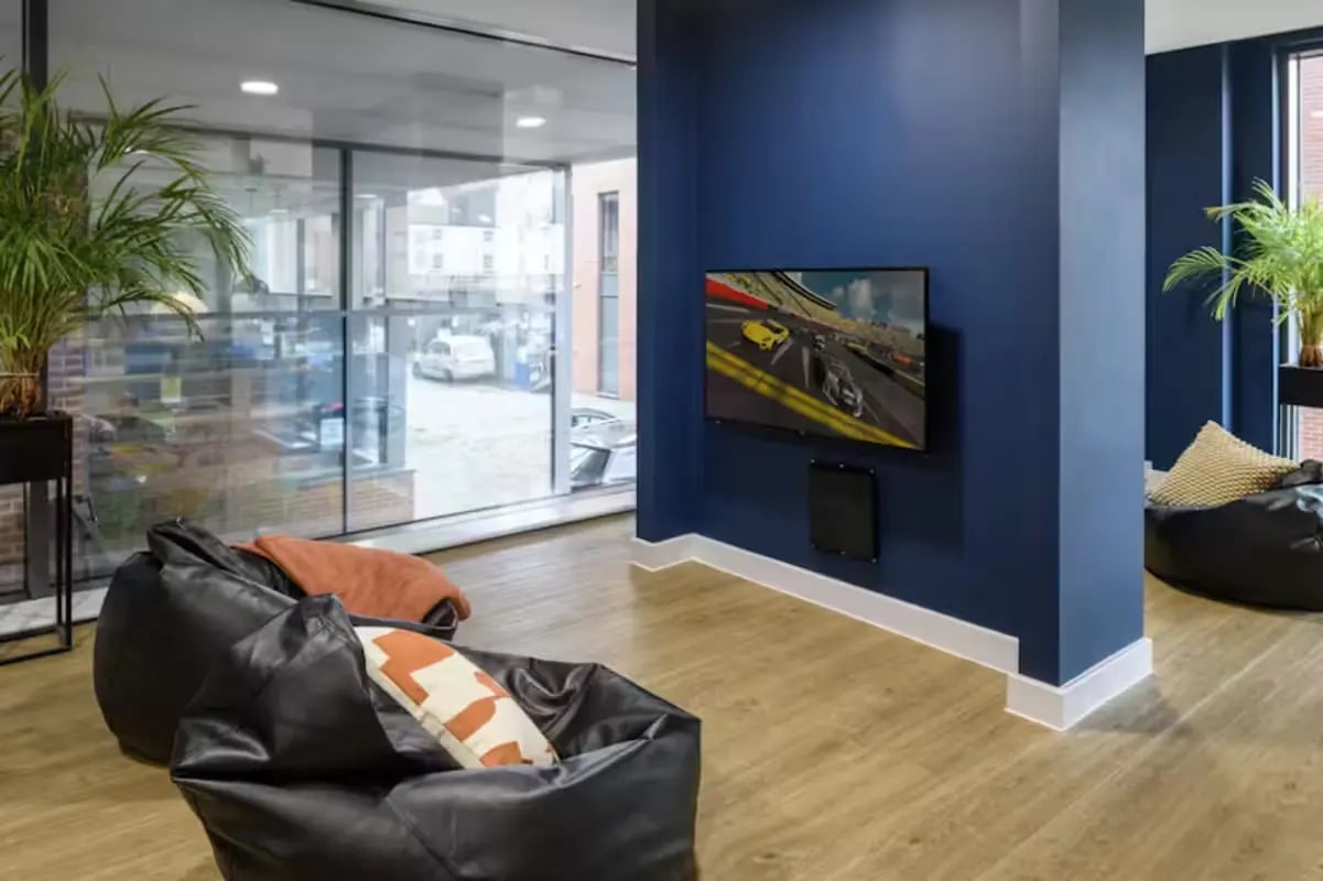 Beanbags and TV in lounge area at The Elements in Sheffield Student Accommodation