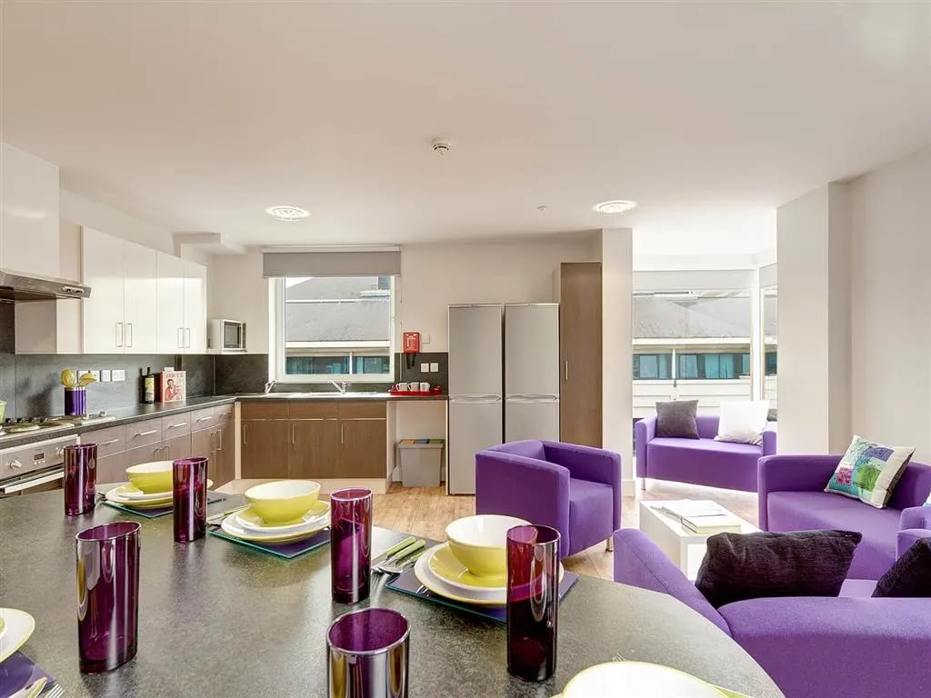 Kitchen dining and living areas with purple furniture living room at Davidson House in Kingston Upon Thames Student Accommodation