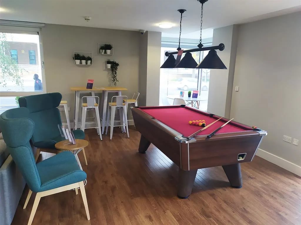 Pool table chairs and high table communal area at Davidson House in Kingston Upon Thames Student Accommodation