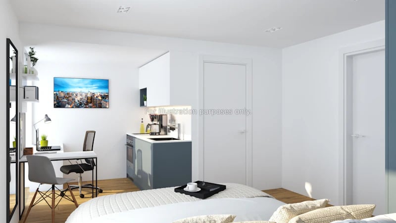 Desk chairs kitchen appliances bed Studio at Aire in Stoke-On-Trent Student Accommodation