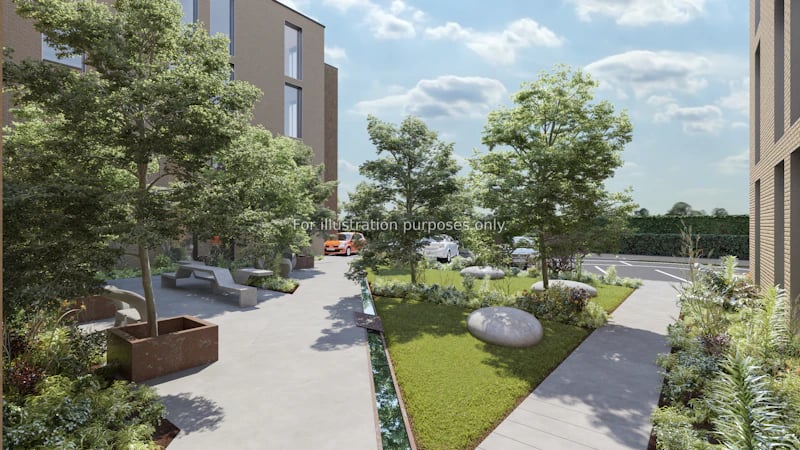 Courtyard with trees benches cars exterior at Aire in Stoke-On-Trent Student Accommodation
