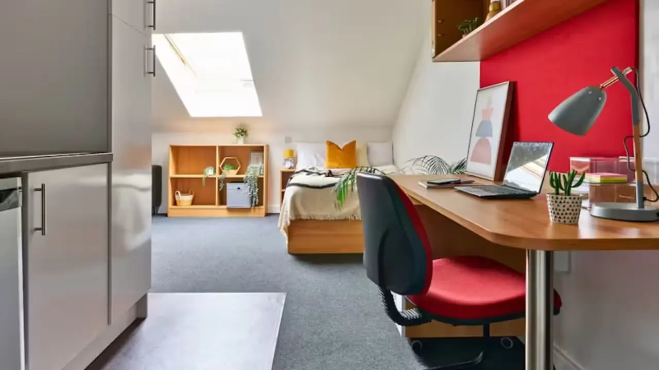 Bed desk cabinets and shelving study area at The Apollo Works in Coventry Student Accommodation