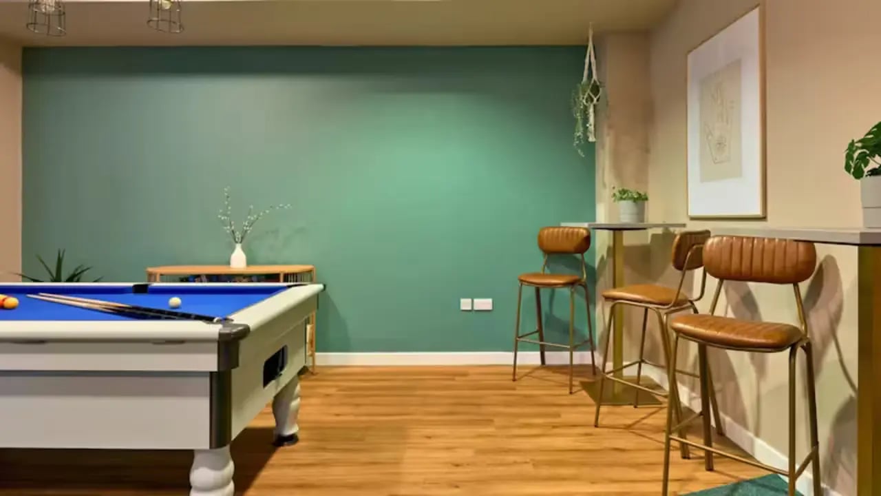 Pool table bar stools and tables playing area at The Apollo Works in Coventry Student Accommodation