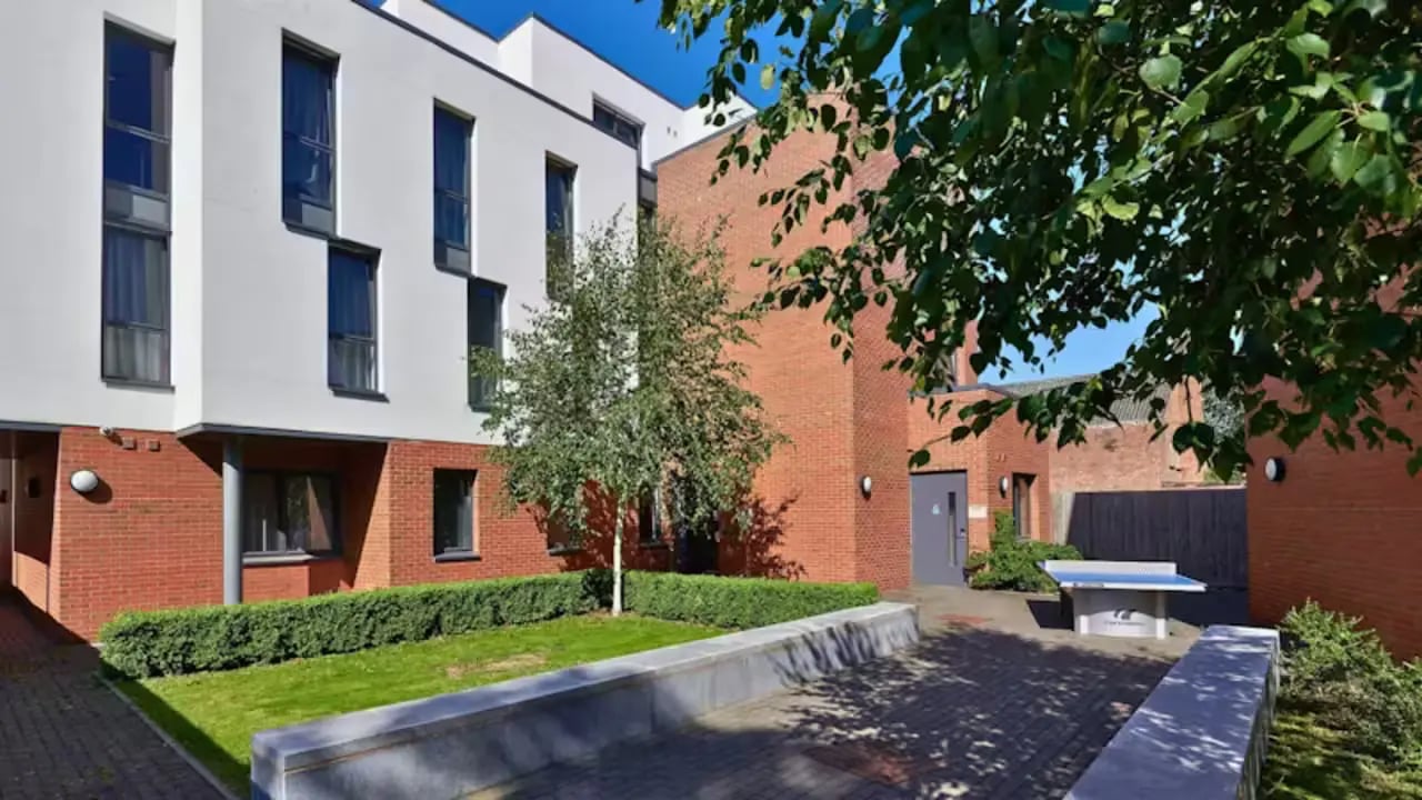 Modern student accommodation exterior with ping pong table at The Apollo Works in Coventry Student Accommodation