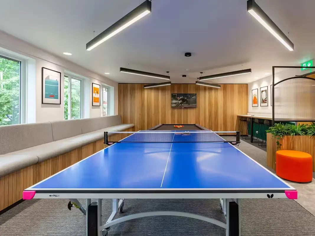 Ping pong table pool table couch and TV common area at Calthorpe Court in Birmingham Student Accommodation