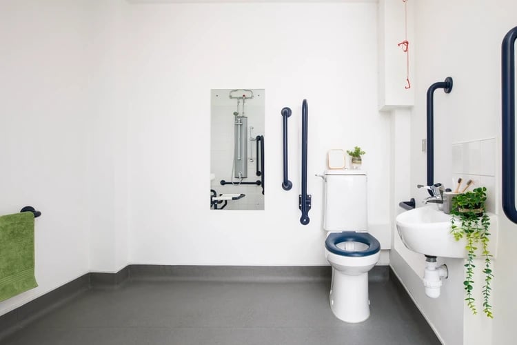 Accessible bathroom with toilet sink grab bars bathroom at Mary Sturge in Birmingham Student Accommodation