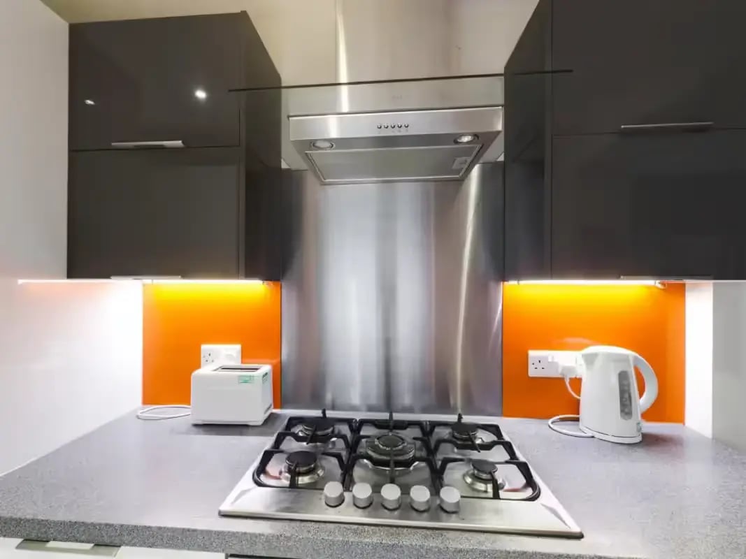 Gas hob toaster kettle cabinets kitchen at 41 Crowther Street in Stoke-On-Trent Student Accommodation