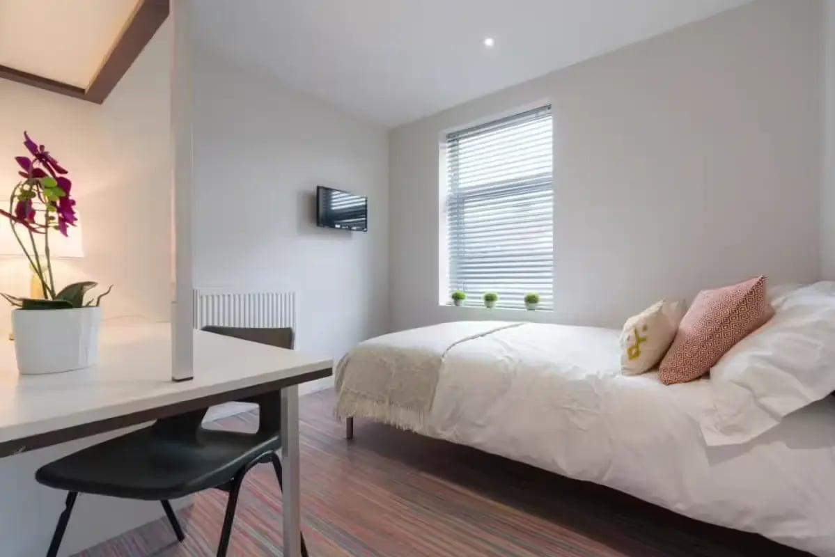 Bed desk chair plant television bedroom at 41 Crowther Street in Stoke-On-Trent Student Accommodation