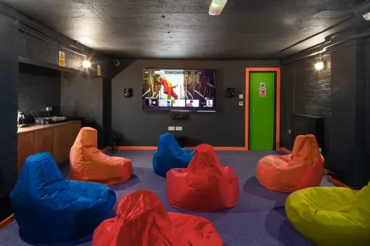 Beanbags and TV screen gaming area at Louise House in London Student Accommodation