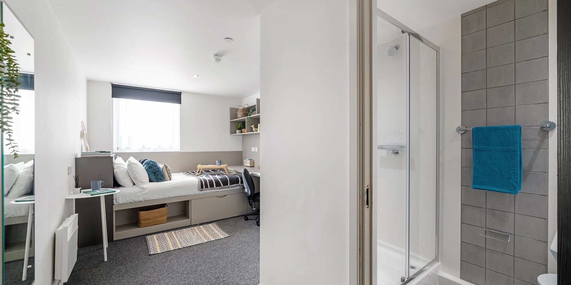 Bed shower and desk area bedroom bathroom at Canvas Coventry City Point in Coventry Student Accommodation