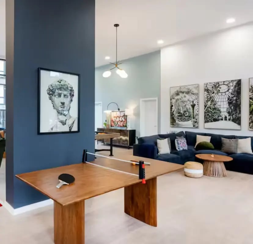 Ping pong table, art, sofa, lounge area at Zinc Quarter in Bristol Student Accommodation