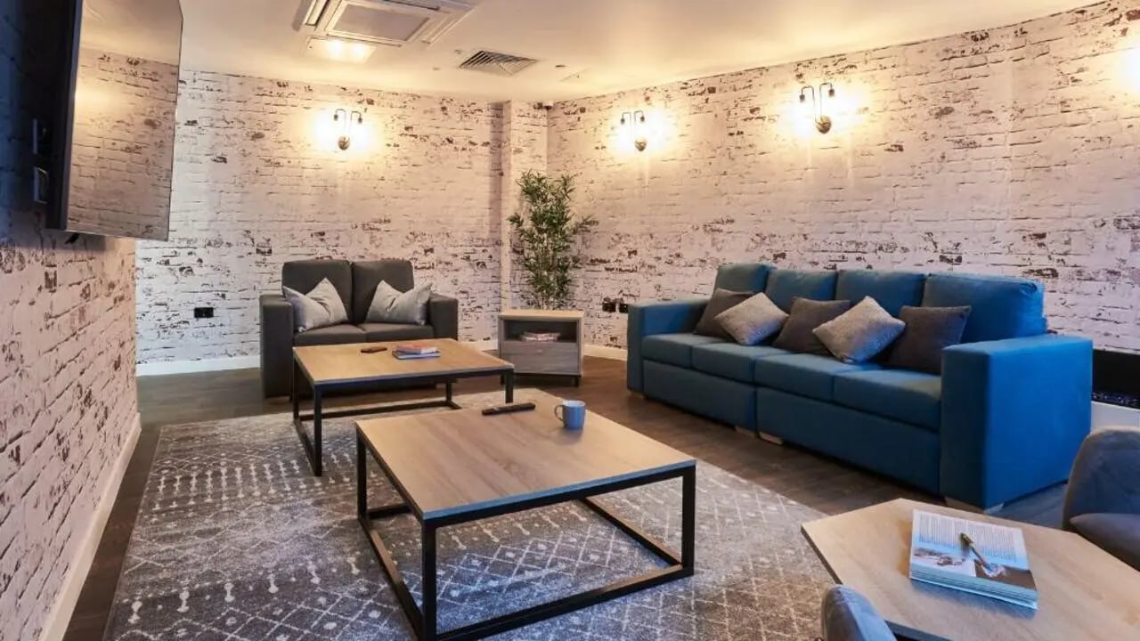 Two sofas two coffee tables rug plant living room at 41 Castle Street in Leicester Student Accommodation