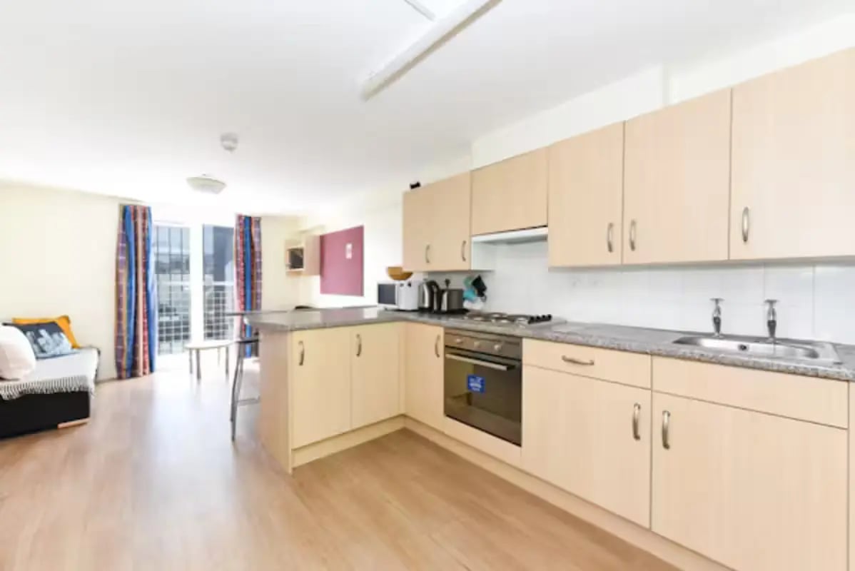 Kitchen with sofa and table kitchen at Portsburgh Court in Edinburgh Student Accommodation