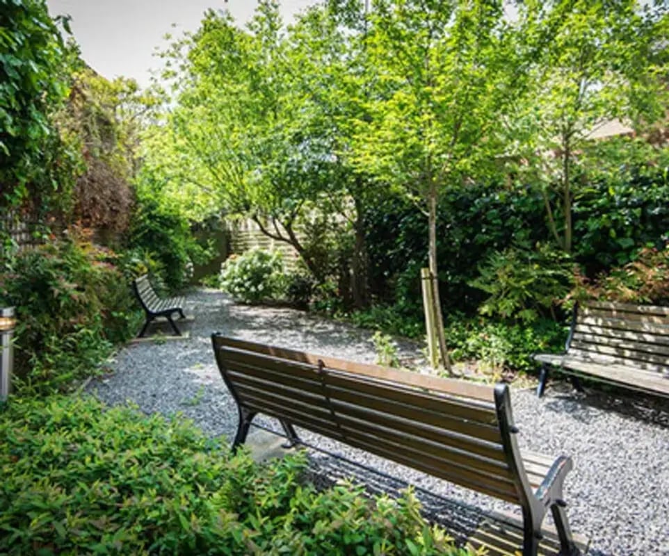 Benches in a leafy garden with gravel path exterior at Charles Morton Court in London Student Accommodation