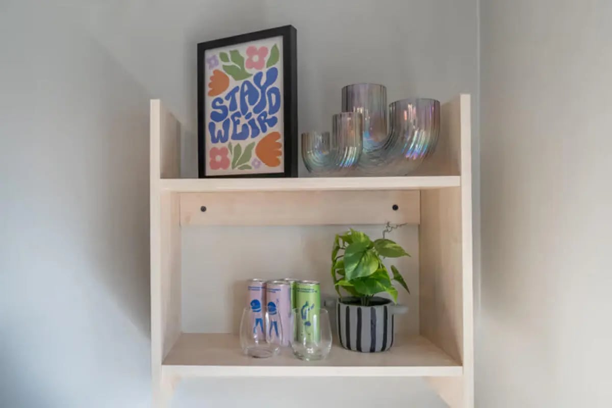Artwork vases cans plant on shelf decor shelf at The Heights in Birmingham Student Accommodation