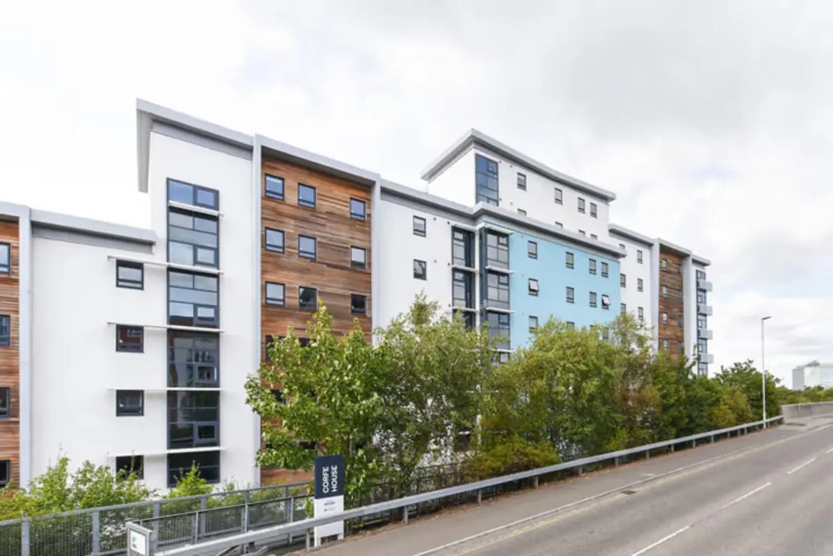 Modern student accommodation building with blue and wood exterior exterior at Newcastle 1 in Newcastle Upon Tyne Student Accommodation