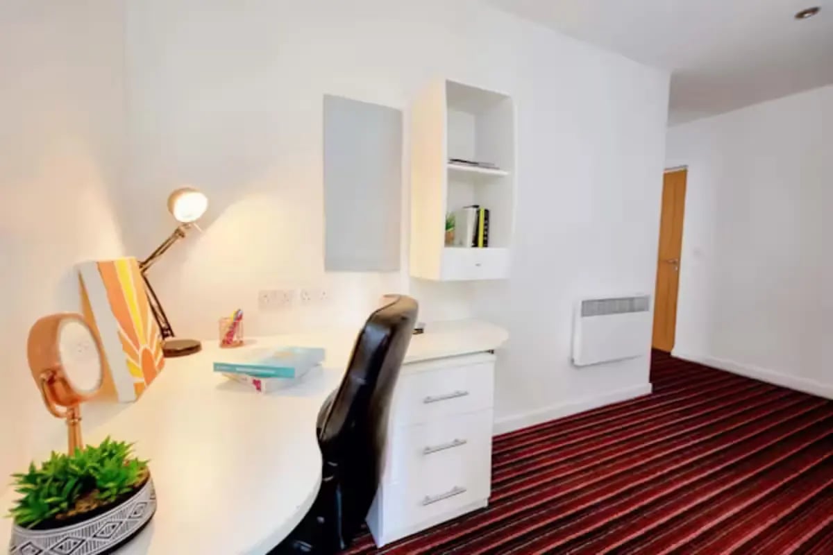 Desk chair lamp plant books shelves and heater study area at Newarke Street Leicester in Leicester Student Accommodation