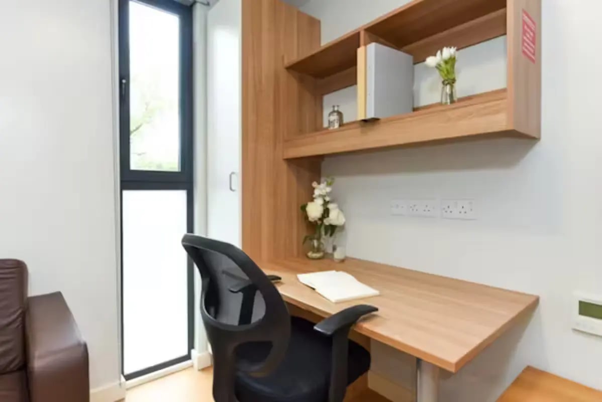 Desk chair shelves flowers laptop and window study area at The Summit Leicester in Leicester Student Accommodation