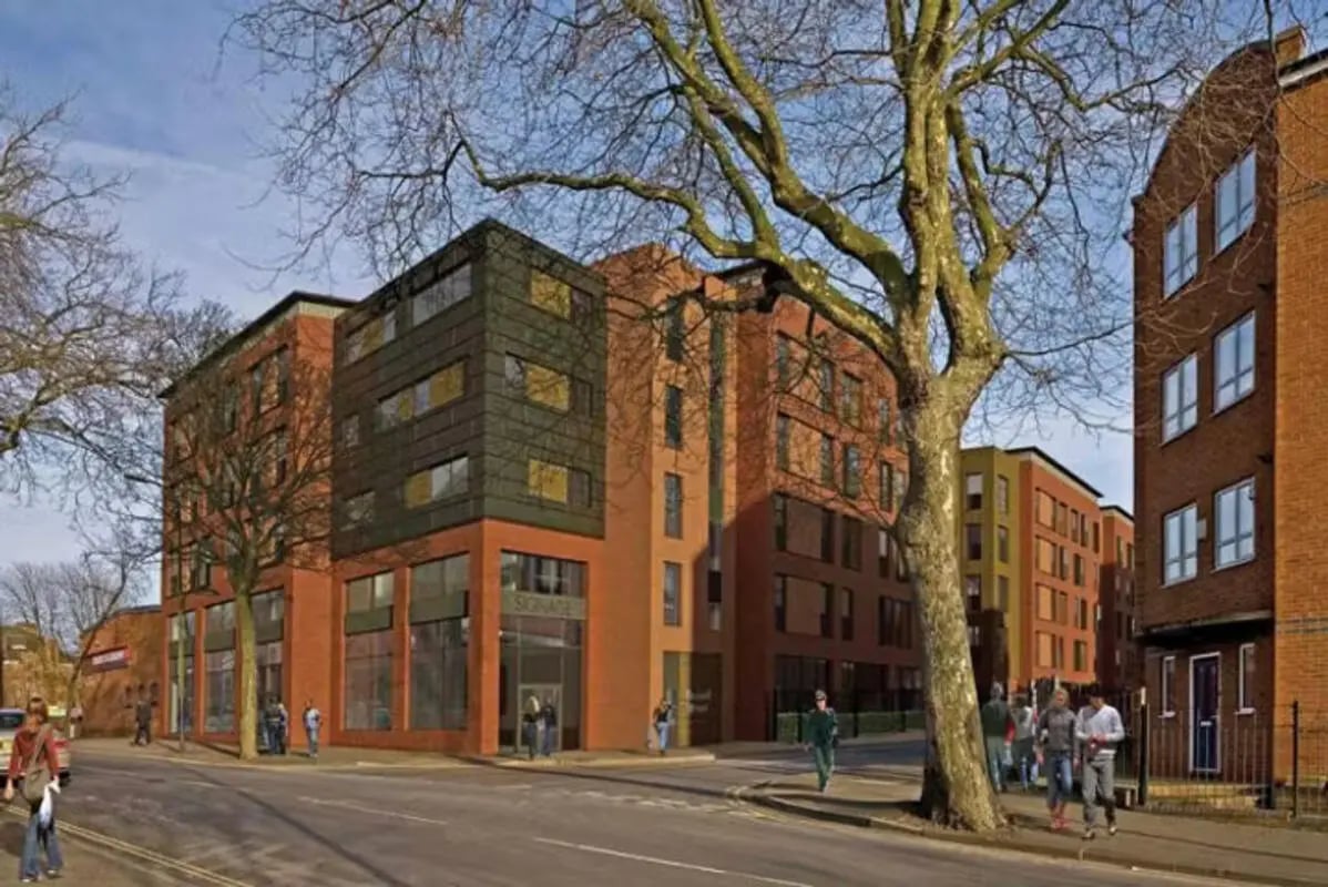 Modern brick student buildings with large windows exterior at Russell View in Nottingham Student Accommodation
