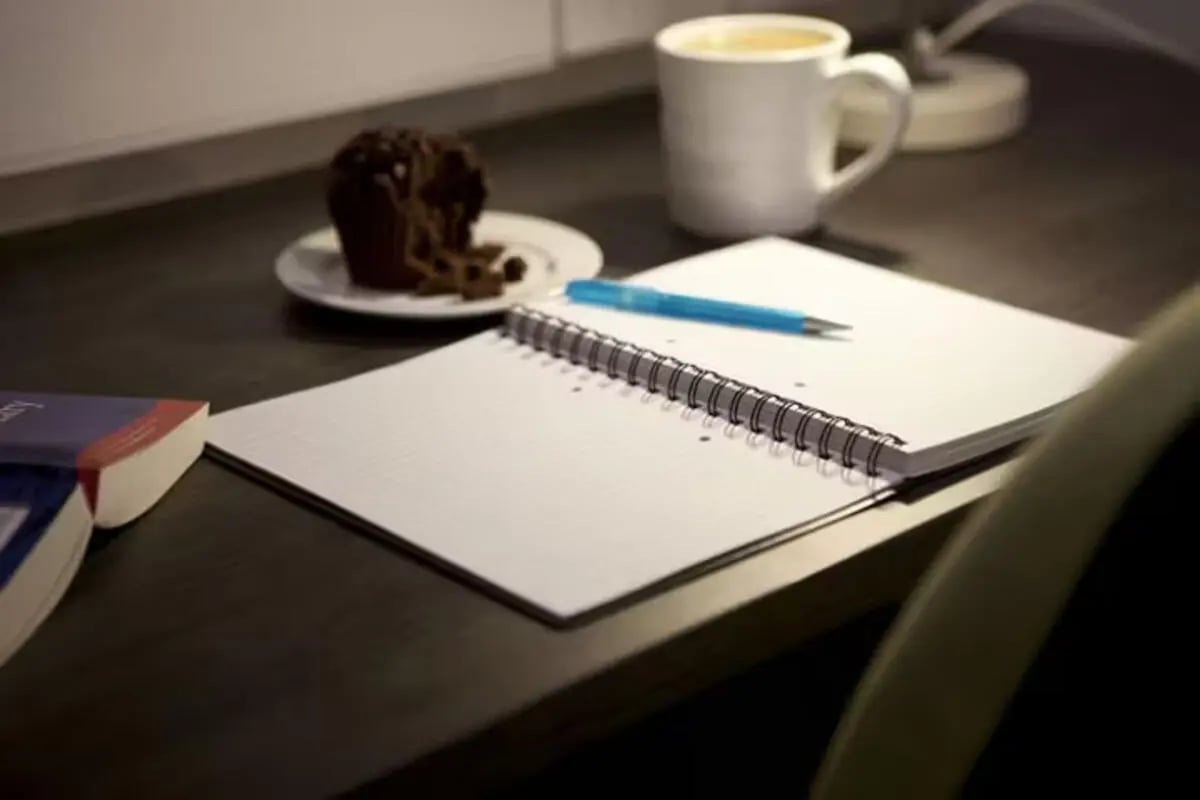 Notebook pen books muffin and coffee study area at Russell View in Nottingham Student Accommodation