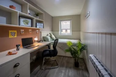 Desk bed shelves plant bedroom interior at Meadow Court in Edinburgh Student Accommodation