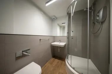Modern bathroom with shower sink toilet bathroom at Meadow Court in Edinburgh Student Accommodation