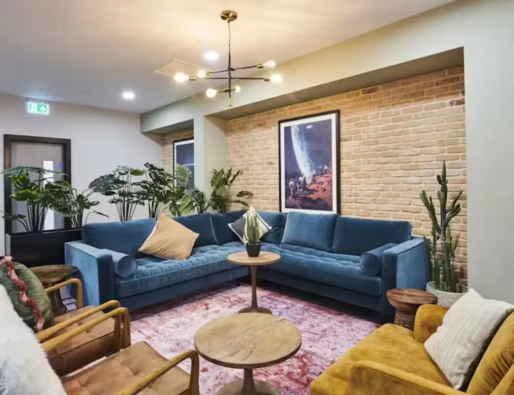Blue sofa plants artwork patterned rug living room at York House in Nottingham Student Accommodation
