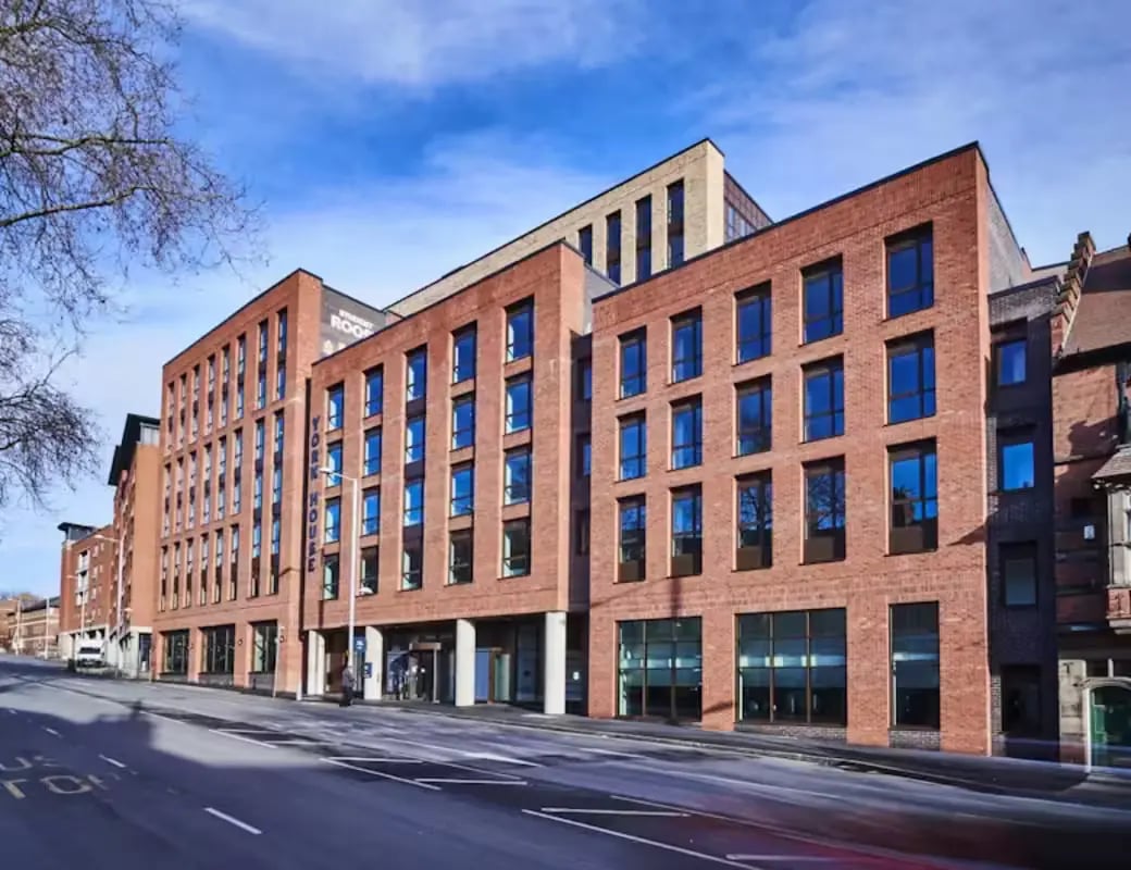 Brick student accommodation building York House exterior at York House in Nottingham Student Accommodation