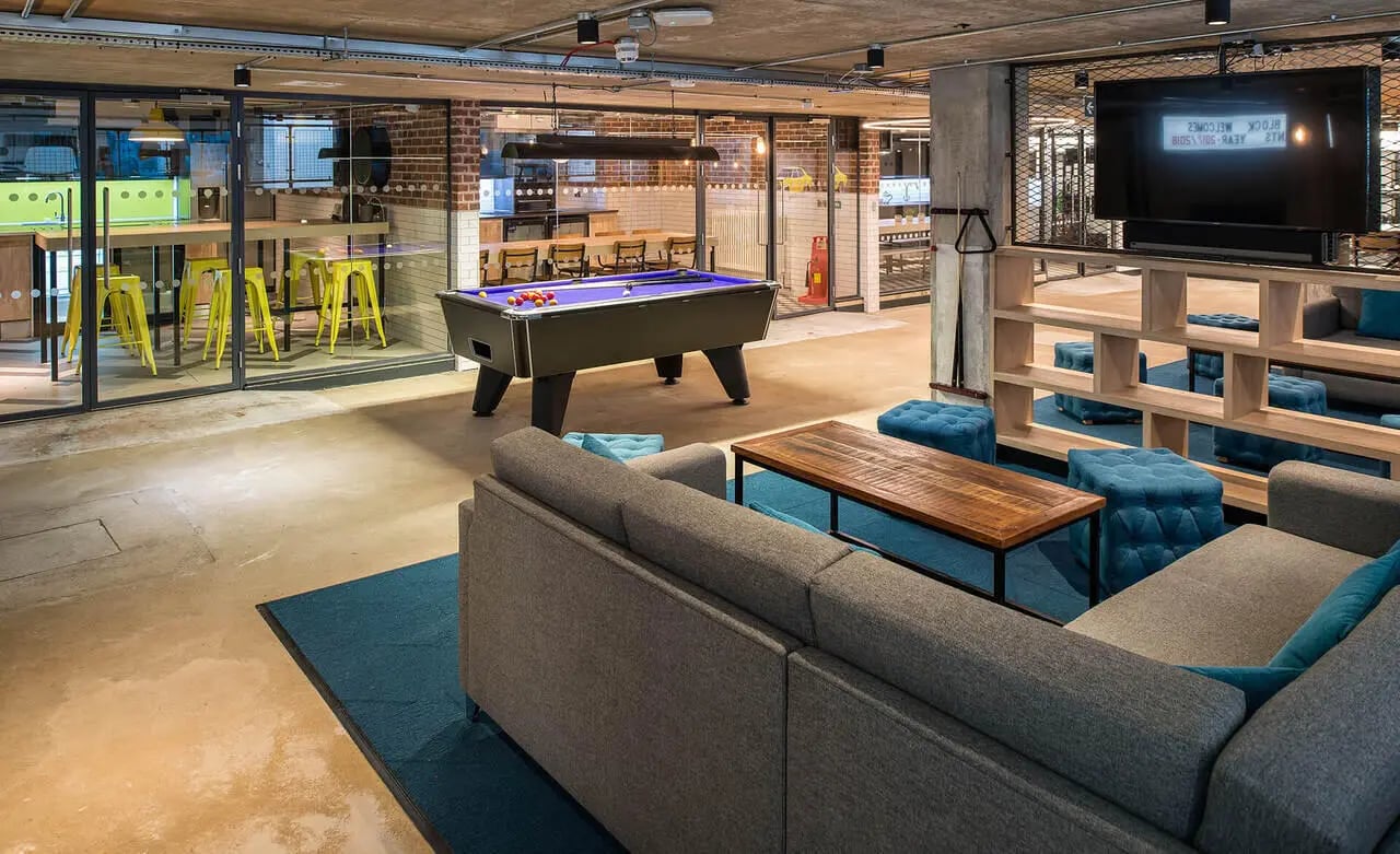 Pool table sofas TV and bar stools lounge area at Berkshire House Reading in Reading Student Accommodation
