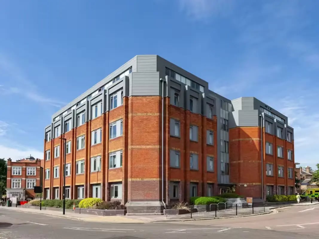 Modern brick student accommodation building exterior at Central Studios - London in London Student Accommodation