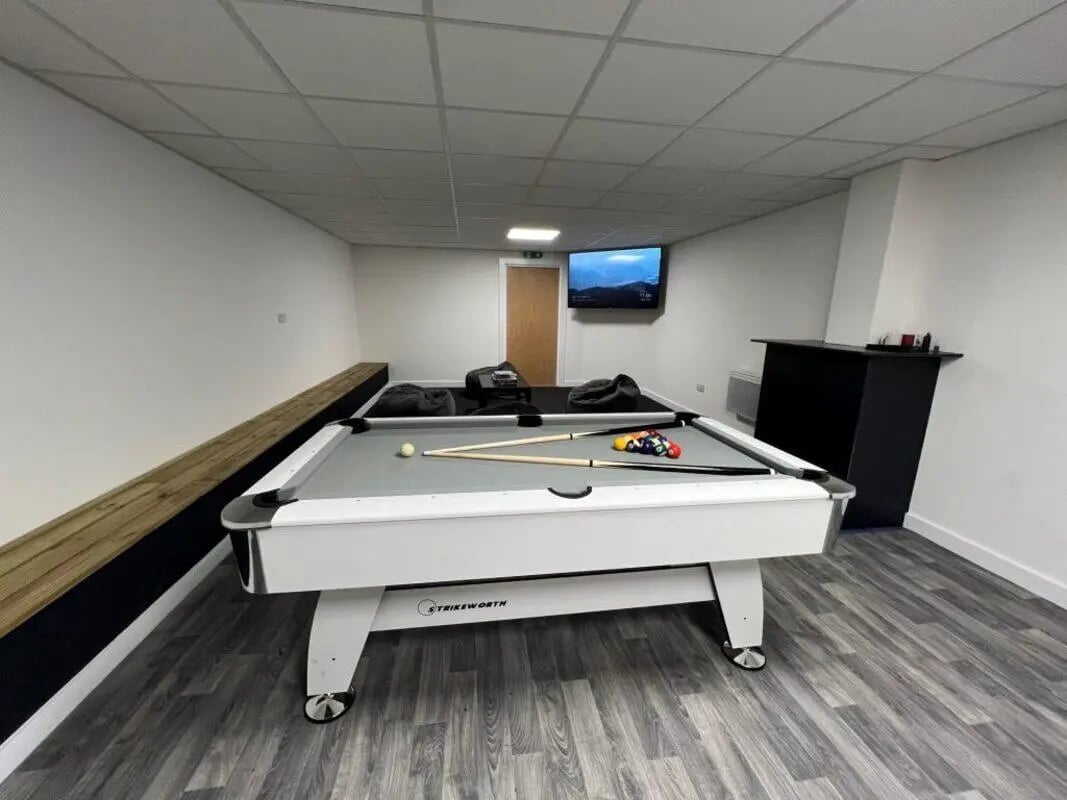 Pool table beanbags and TV game room at Longside House Bradford in Bradford Student Accommodation
