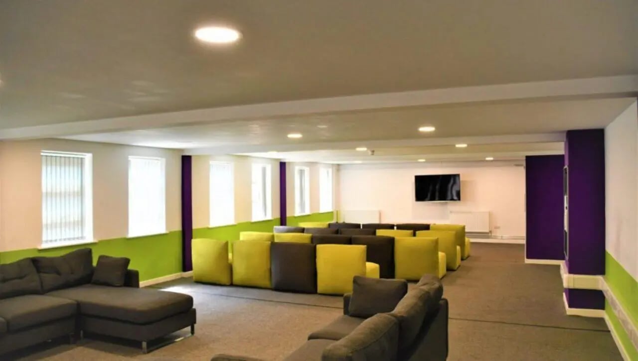 Sofa modular seating and television area living room at Tudor Studios in Leicester Student Accommodation