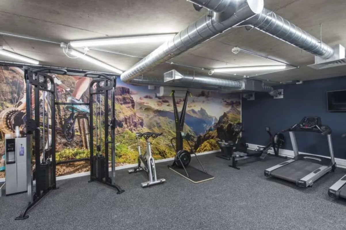 Gym equipment with mountain mural Gym Area at Riverside Quay in Stirling Student Accommodation