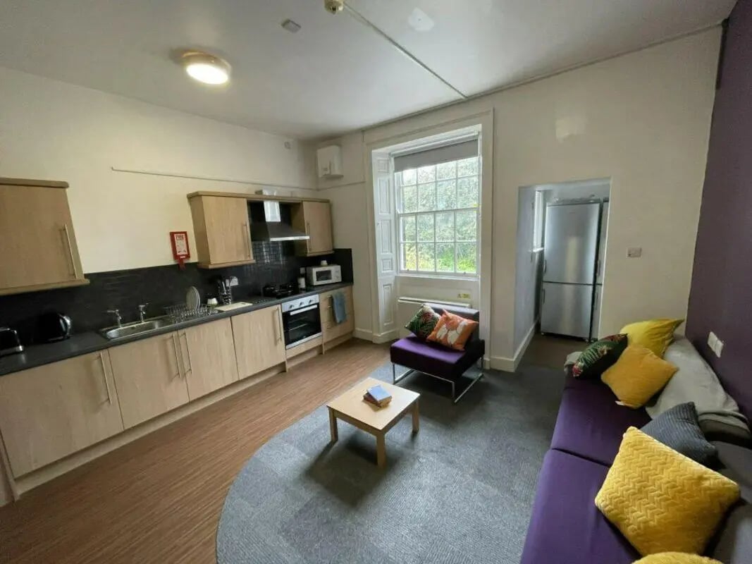 Kitchen living area with sofa and fridge living room at St Mary's Newcastle in Newcastle Upon Tyne Student Accommodation