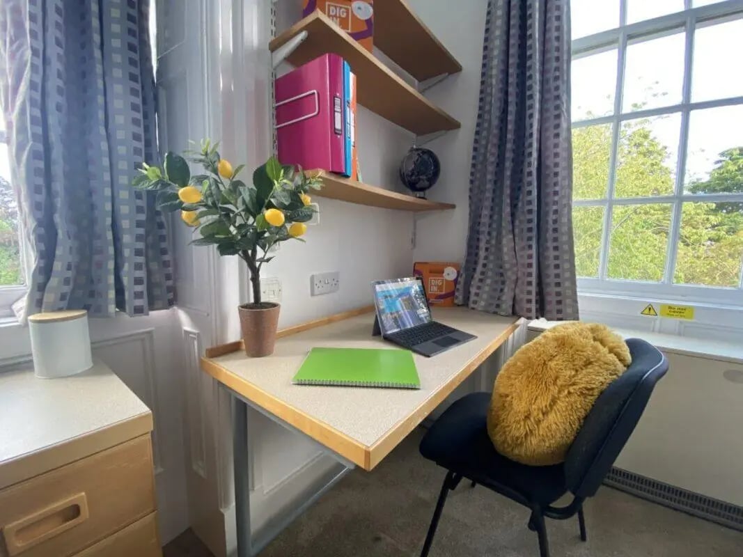 Desk with laptop, globe, and plant Study area at St Mary's Newcastle in Newcastle Upon Tyne Student Accommodation