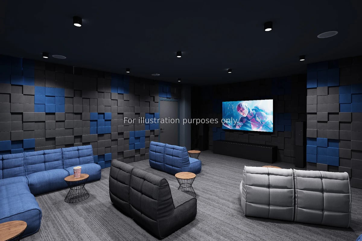 Modern cinema room with blue grey sofas living room at Clyde Court in Glasgow Student Accommodation