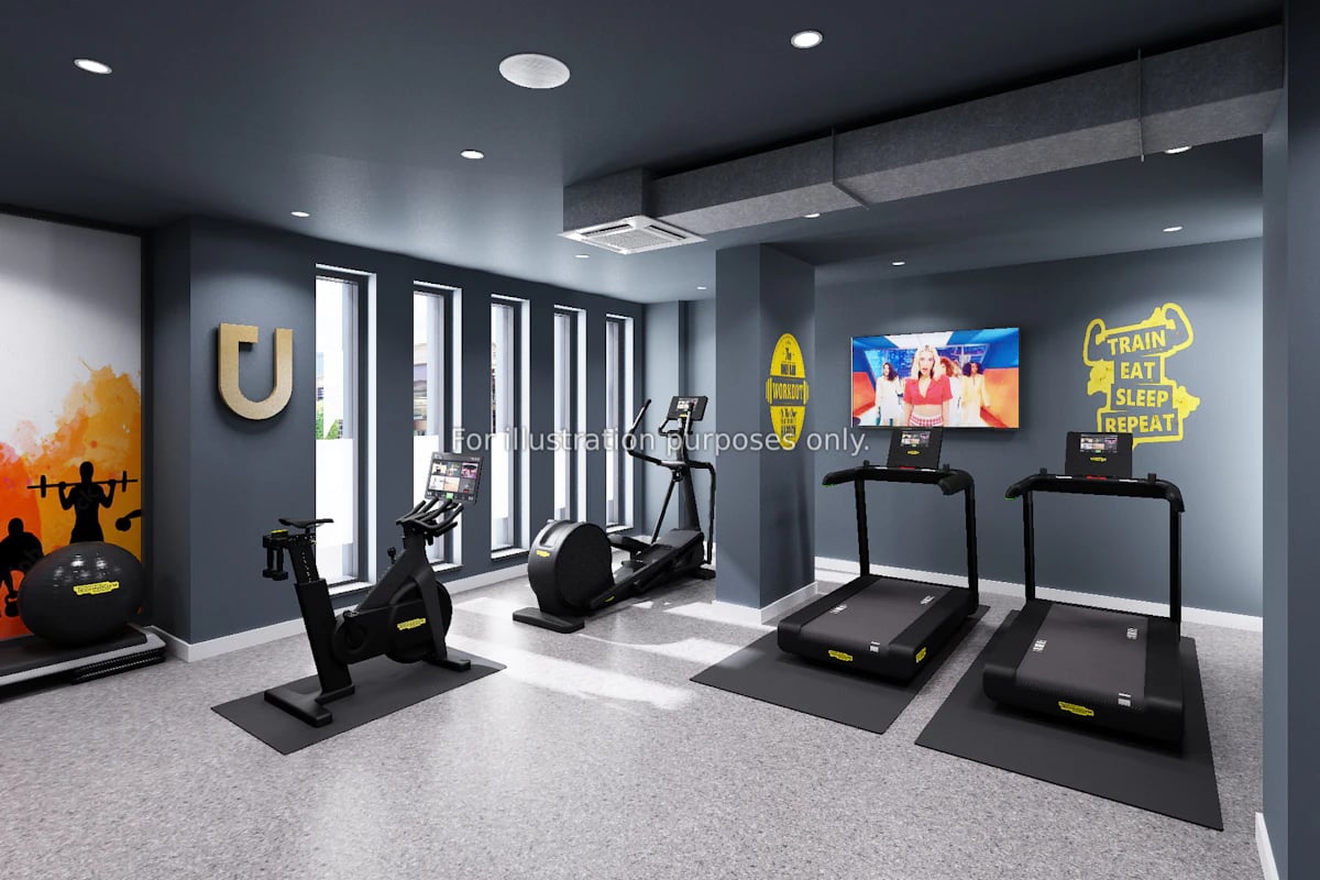 Treadmills bikes and tv in gym playing area at Clyde Court in Glasgow Student Accommodation