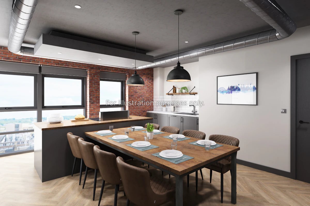 Dining table with chairs and place settings kitchen area at Clyde Court in Glasgow Student Accommodation