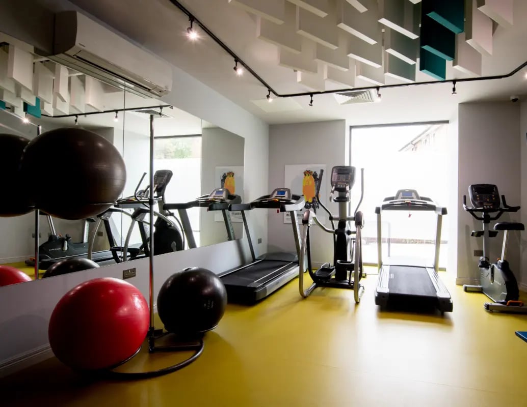 Gym equipment with exercise balls and mirrors gym at IconInc London Stratford in London Student Accommodation