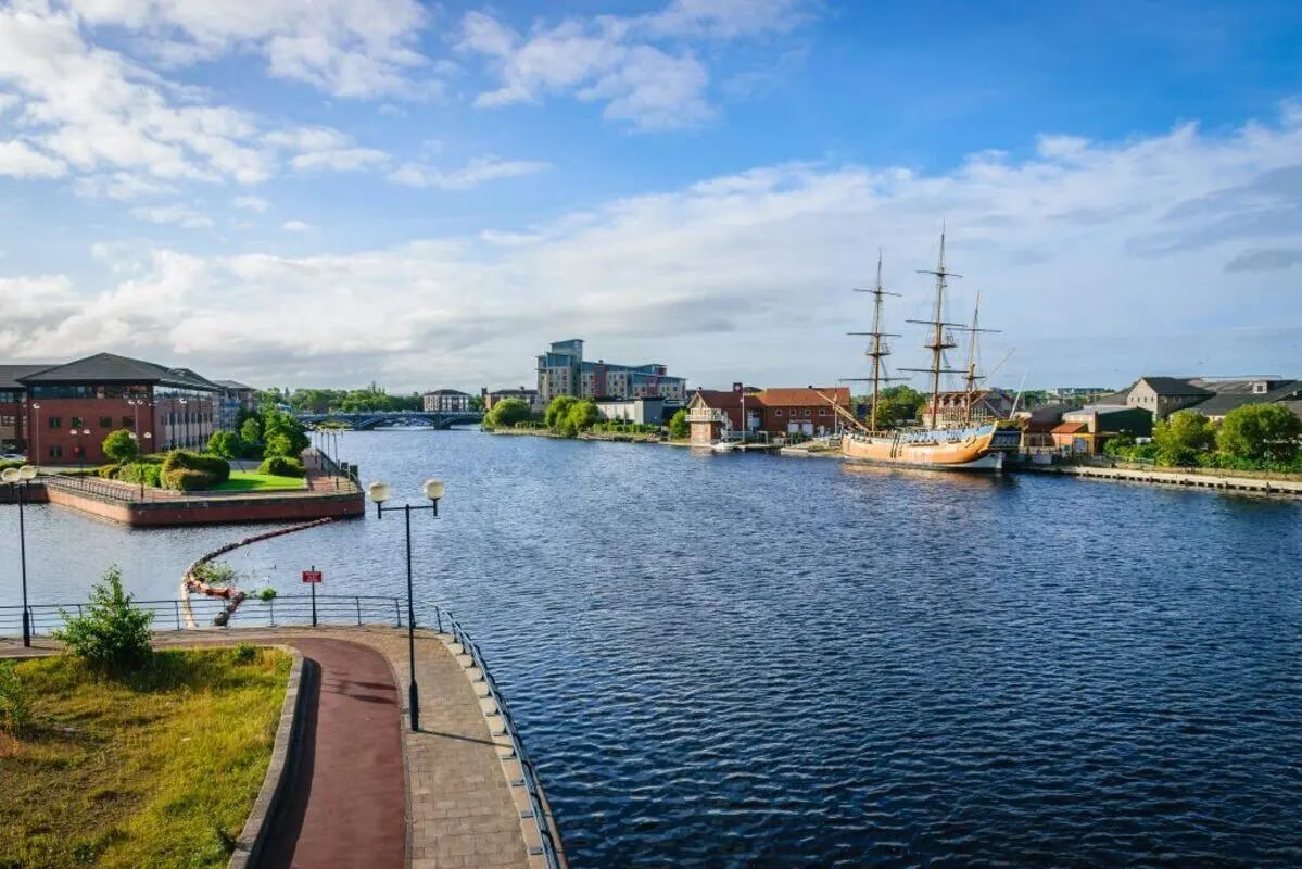 Waterfront buildings and a historic ship exterior at Mandale Terrace in Stockton-On-Tees Student Accommodation