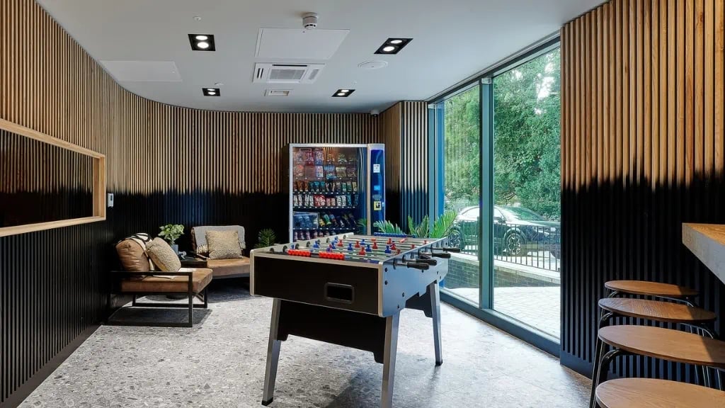 Foosball table vending machine lounge area at The Helix in London Student Accommodation