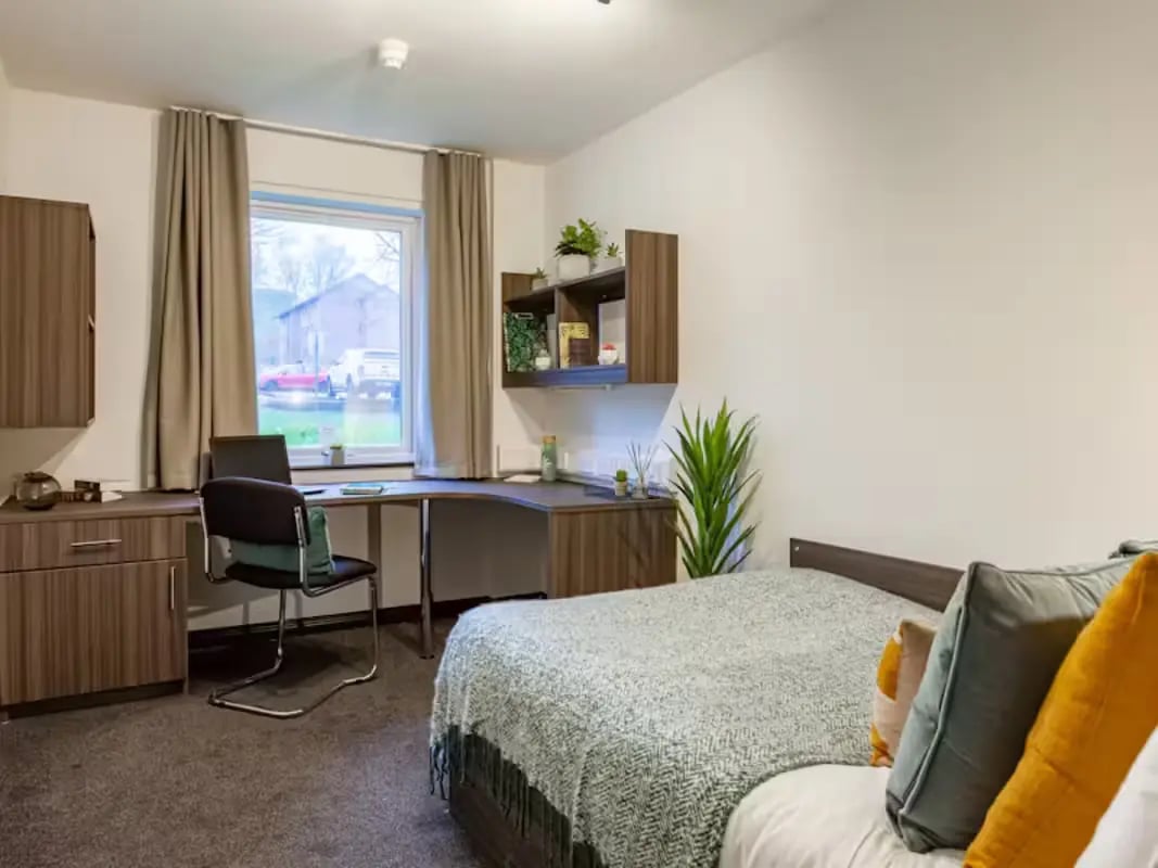 Desk bed plants and window student room at Foundry Court in Preston Student Accommodation