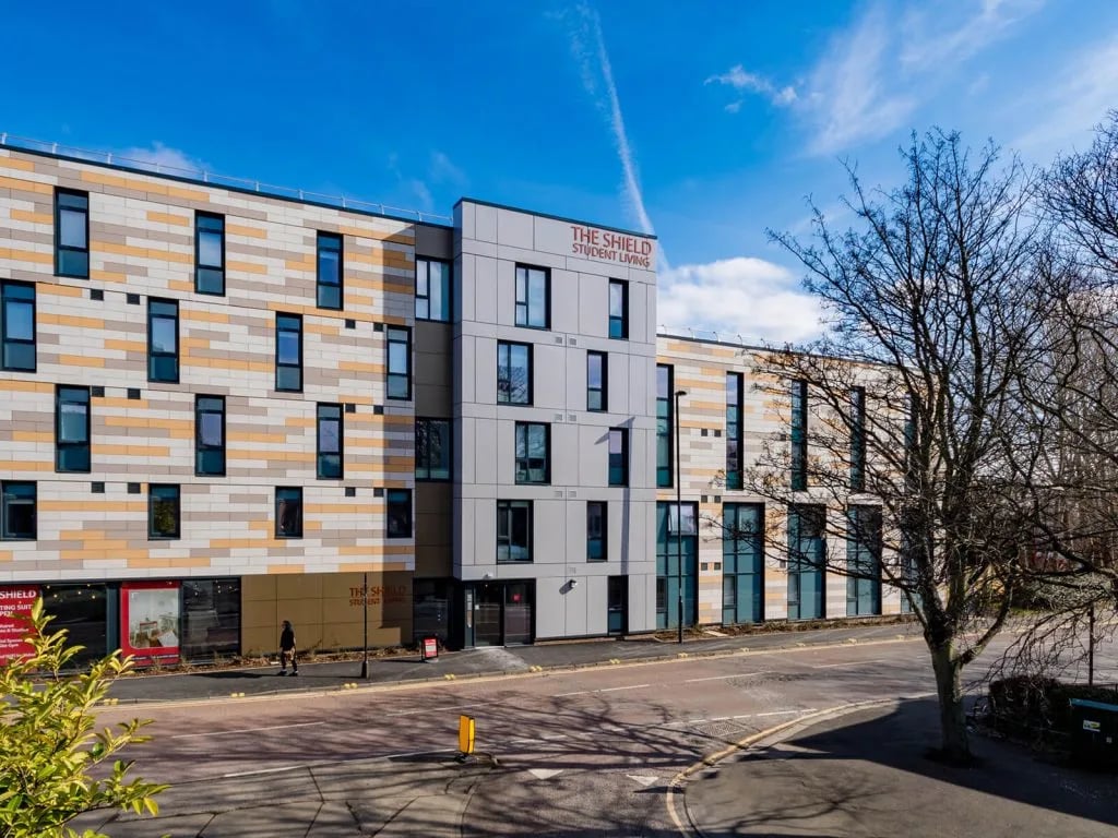 Modern student accommodation building exterior at The Shield in Newcastle Upon Tyne Student Accommodation