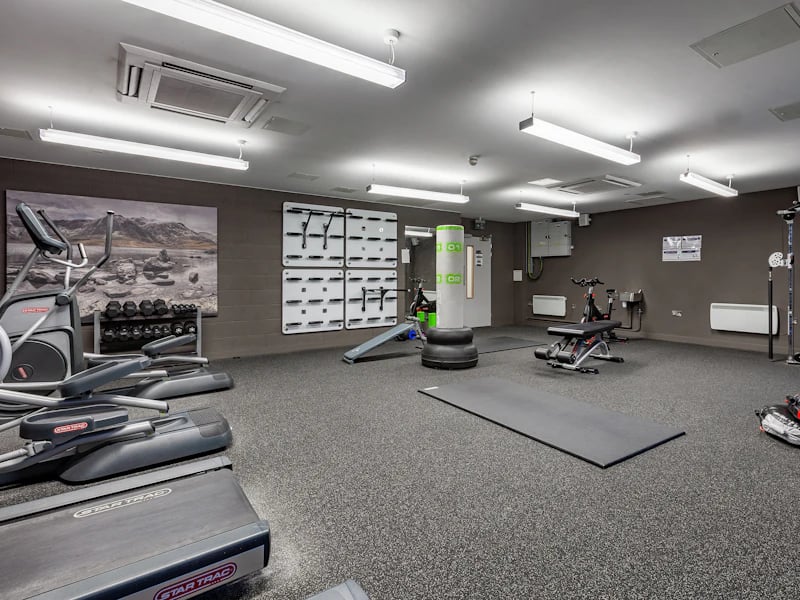 Treadmill elliptical punch bag workout machines gym area at The Fitzalan in Cardiff Student Accommodation