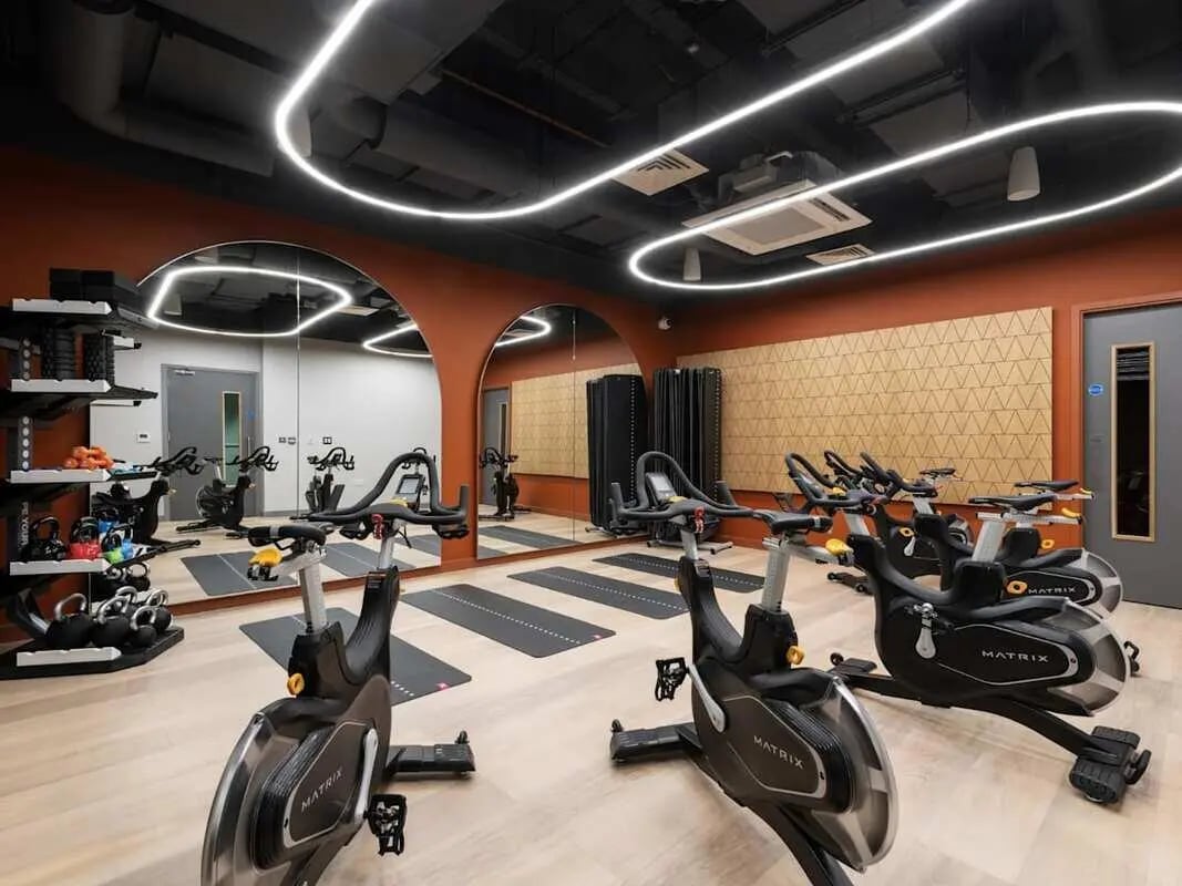 Spin bikes yoga mats and weights gym. at Alma Place in Belfast Student Accommodation