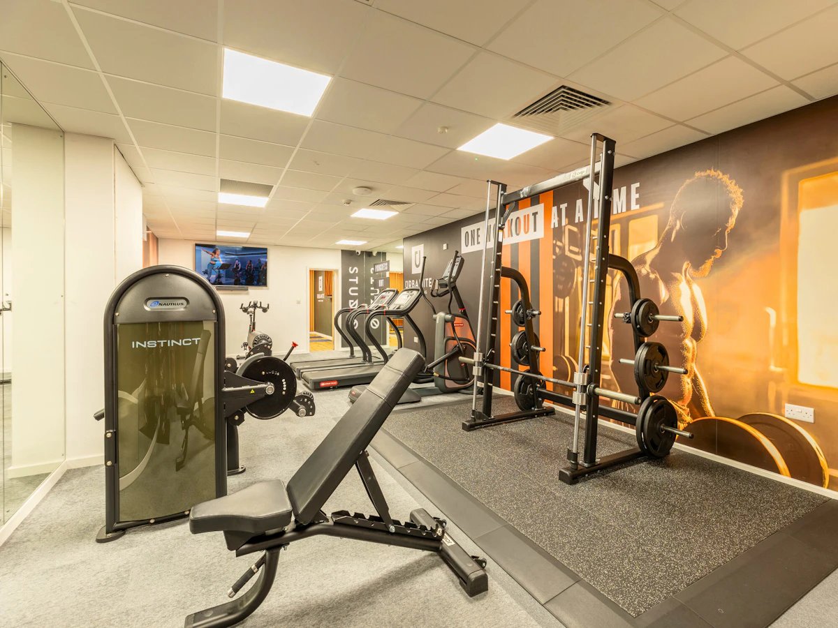 Weight machines treadmills and workout equipment gym at The Leather Works in Leeds Student Accommodation
