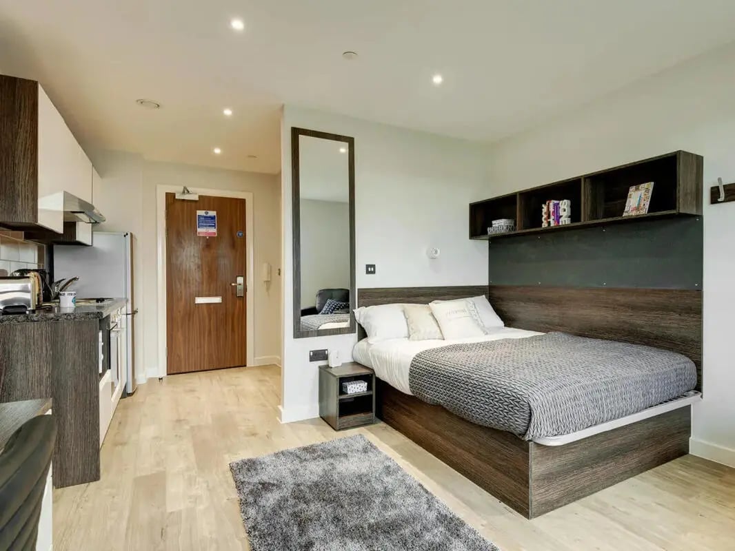 Studio apartment with kitchen bed and storage. at Cricket Field Court in Exeter Student Accommodation
