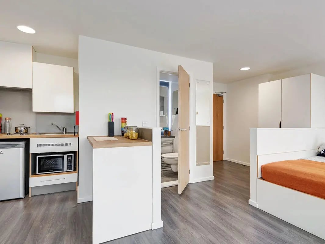 Kitchen microwave sink bathroom bed studio apartment at Dunaskin Mill in Glasgow Student Accommodation